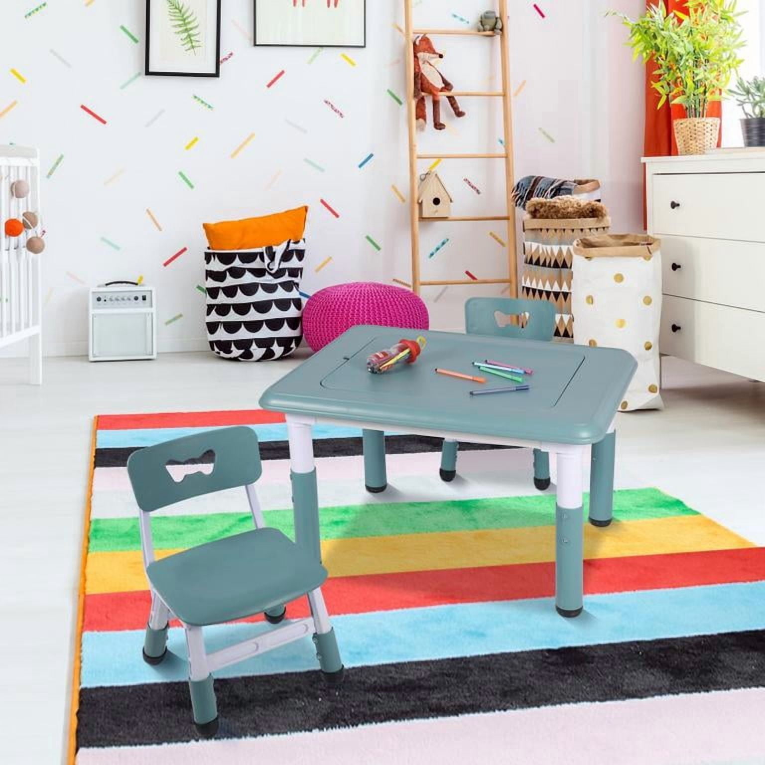 REDCAMP Double-Sided Kids Activity Table, Multi Drawing Table and Chair Set with 2 Chairs for Toddlers, Plastic Height Adjustable Play Table with Storage Bins, Blue