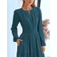 thumbnail image 4 of Vestido de Otoño Informal para Mujer, de Larga, Cuello en V, Cintura Elástica, Ligero, para Invitadas de Boda, con Bolsillos Verde Pavo Real L, 4 of 10