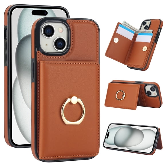 For iPhone 15 Case Wallet Card Holder,Premium PU Leather Back Flip Kickstand Folio Case,RFID Blocking Ring Holder Shockproof Magnetic Women Men For iPhone 15,Brown