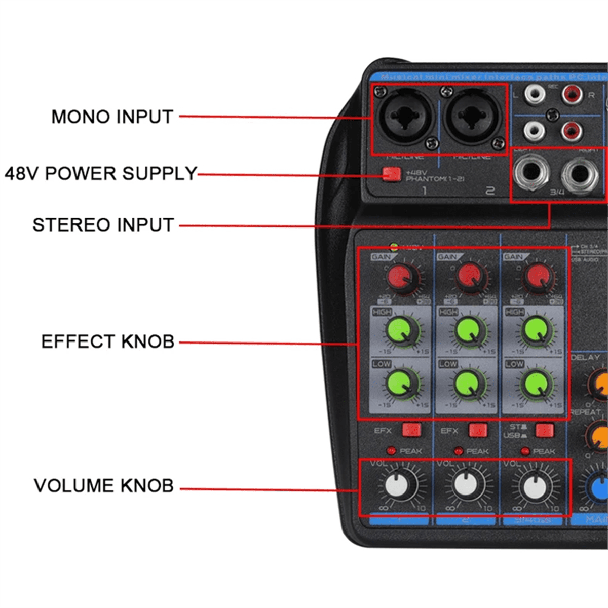 4 Channel Audio Mixer Mini Sound Mixing Console Bluetooth 48V Power Supply for Music DJ Recording Karaoke System