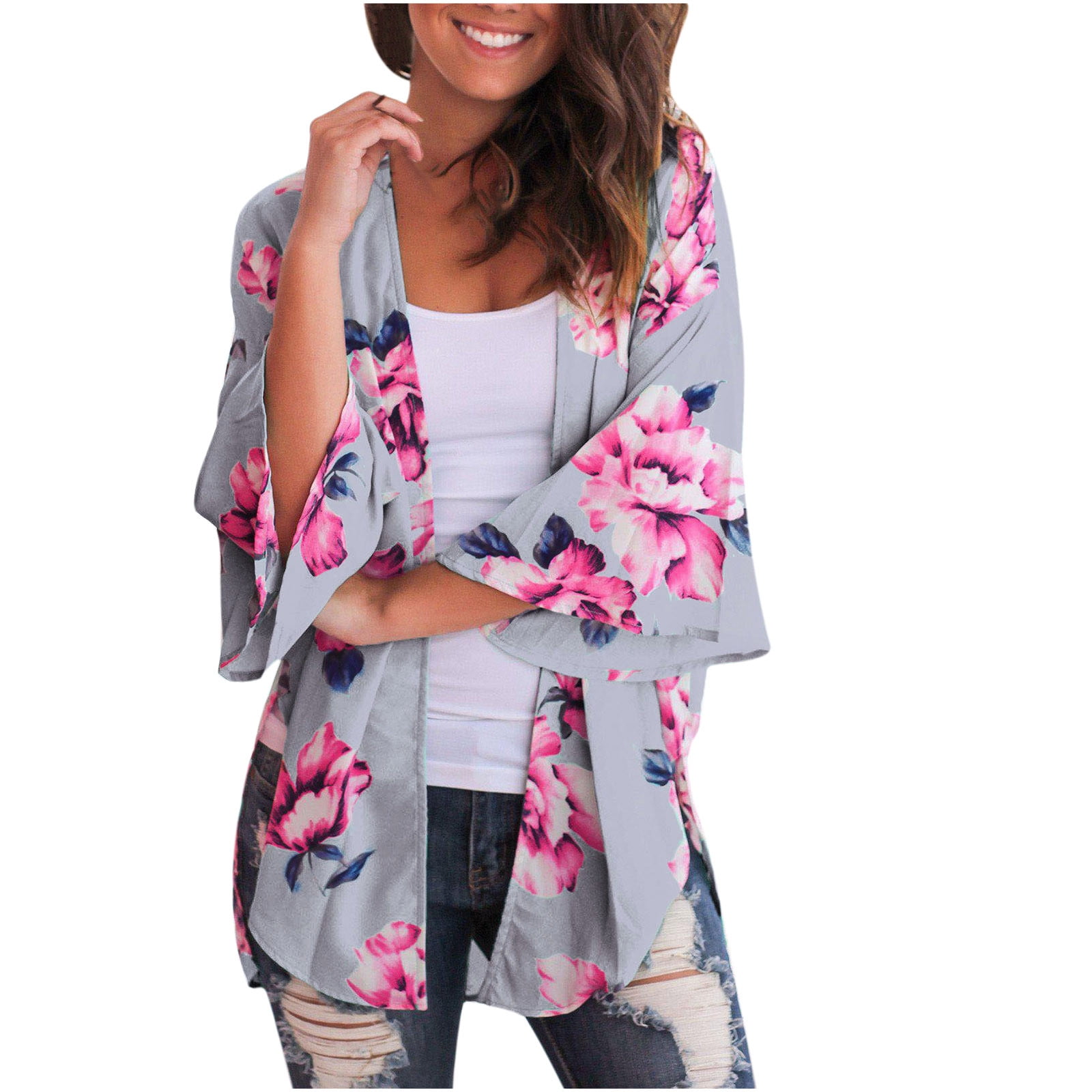 REORIAFEE Womens Tropical Cardigan Summer Cover Ups Print Chiffon Beach  Kimono Long Cardigan Blouse Shawl Loose Tops Outwear Gray M
