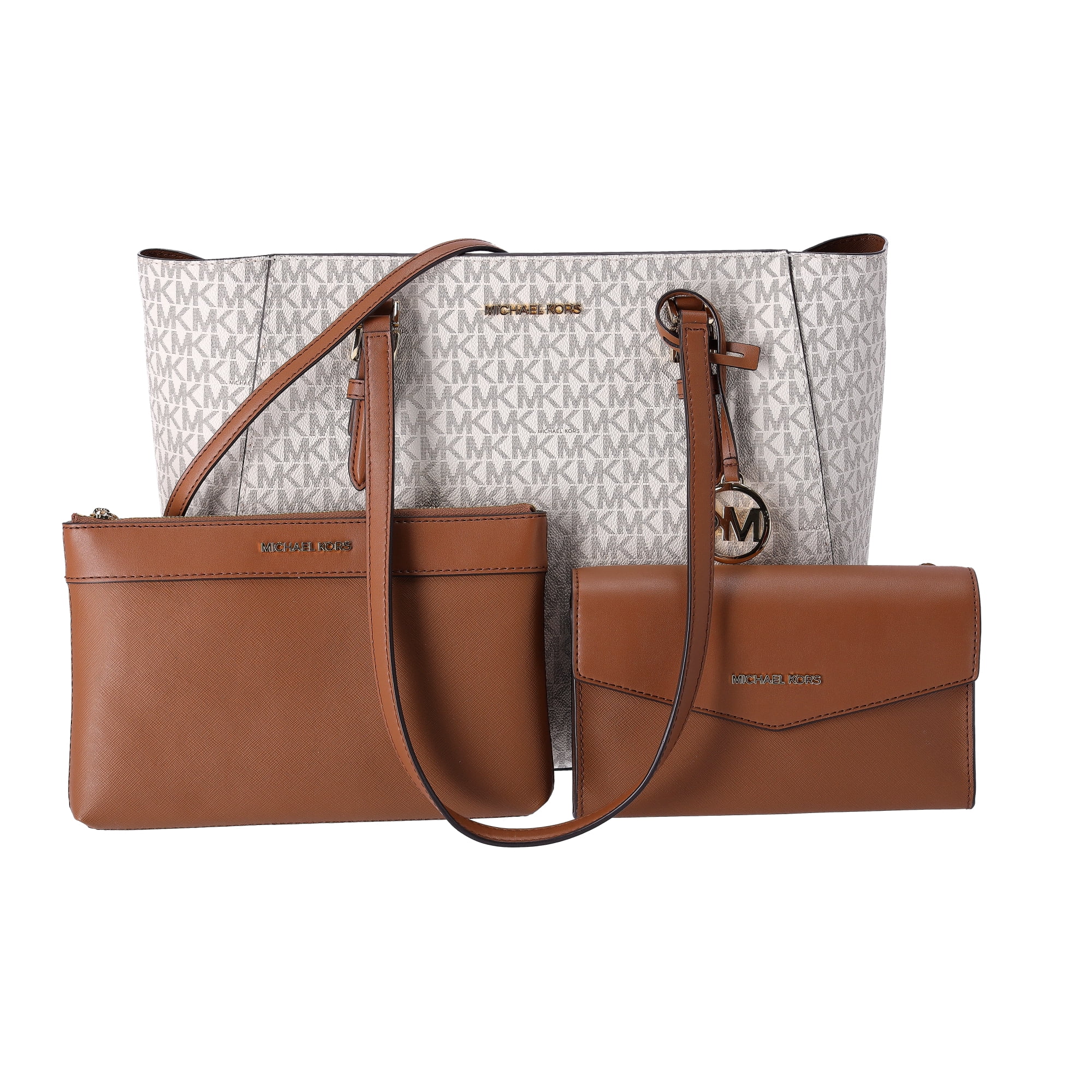 Michael Kors Women's Large Charlotte Leather 3-in-1 Crossbody Tote Handbags, Vanilla, 3 Piece