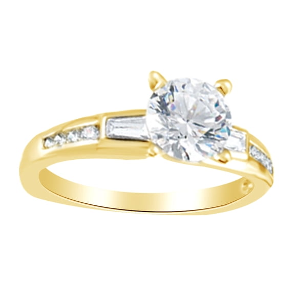 AFFY Round & Baguette White Diamond Solitaire Engagement Ring 14K Solid Yellow Gold (0.2 Cttw)