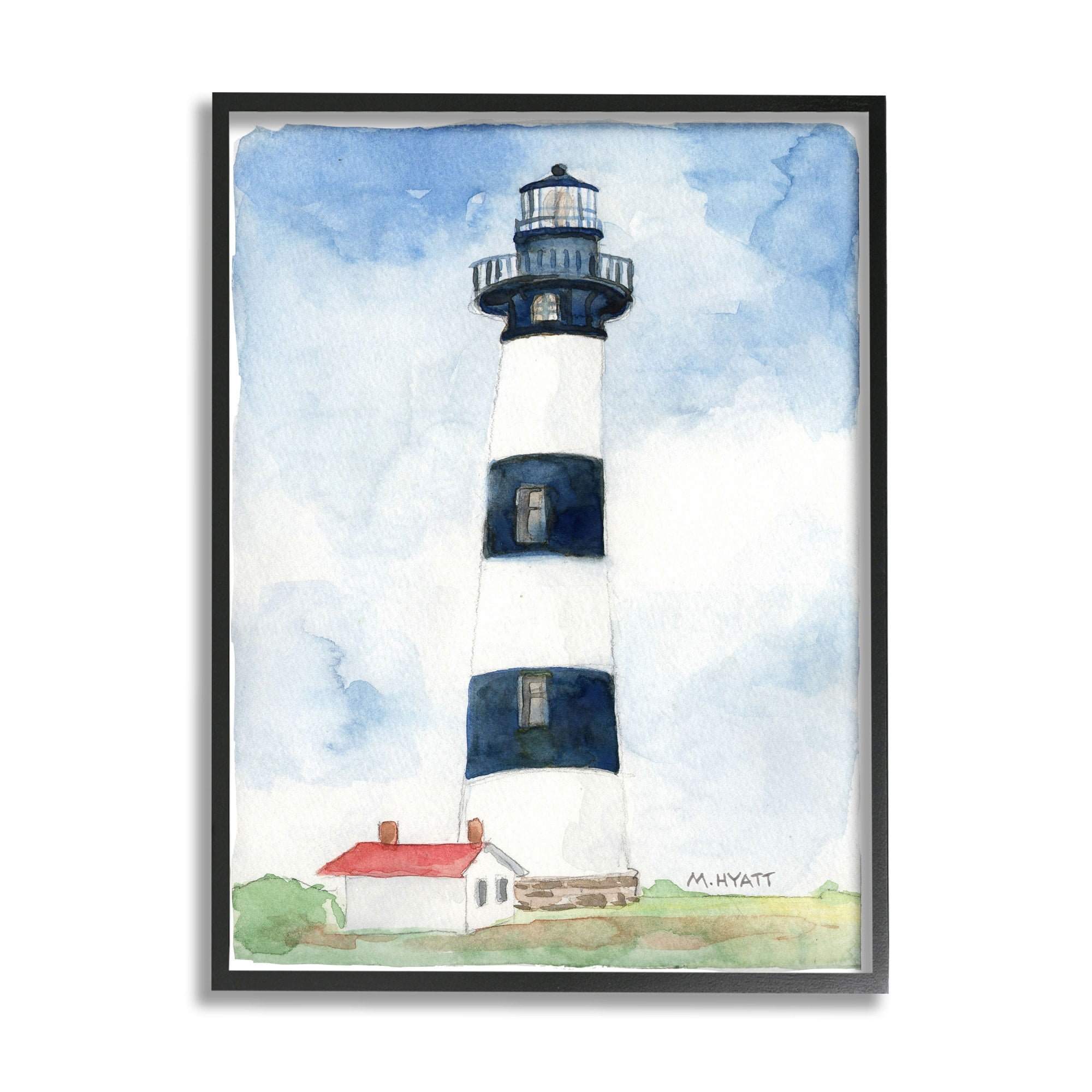 Stupell Industries Black Striped Lighthouse with Quaint Cabin Grey Framed, 11 x 14, Design by Melissa Hyatt LLC
