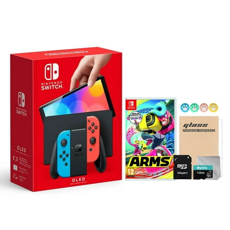 2021 New Nintendo Switch OLED Model Neon Red & Blue Joy Con 64GB Console HD Screen & LAN-Port Dock with Arms And Mytrix Accessories