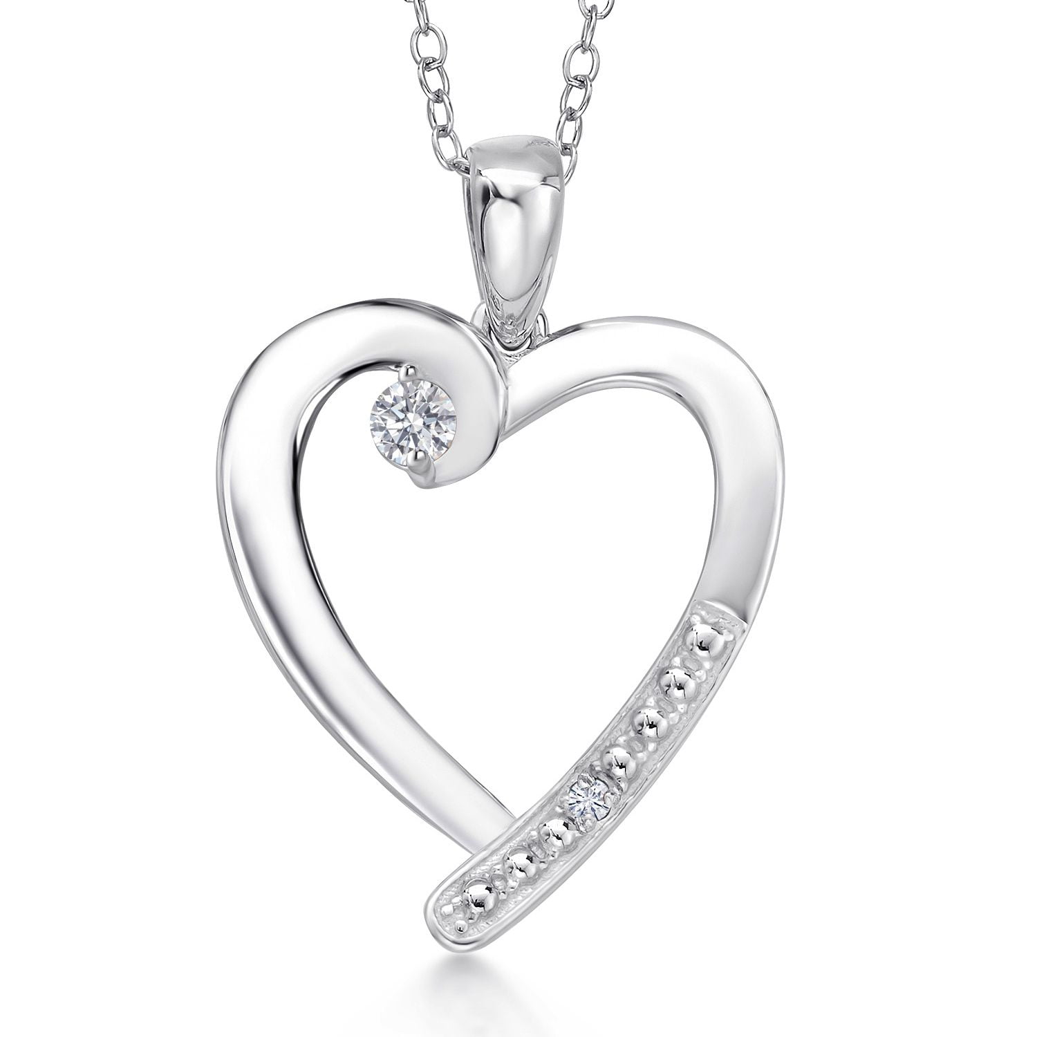 Gem Stone King 925 Sterling Silver Lab Grown Diamond and White Moissanite Heart Pendant Necklace for Women | 0.19 Cttw | Gemstone April Birthstone | Round 3.5MM | With 18 inch Chain