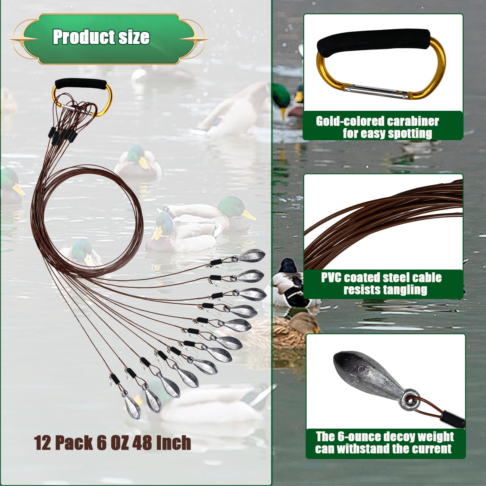 12 Pack Decoy Texas Rigs with Weights 48 Inch Free Waterfowl Decoy Anchor Lines Includes 5 Inch Gold Aluminum Carabiner