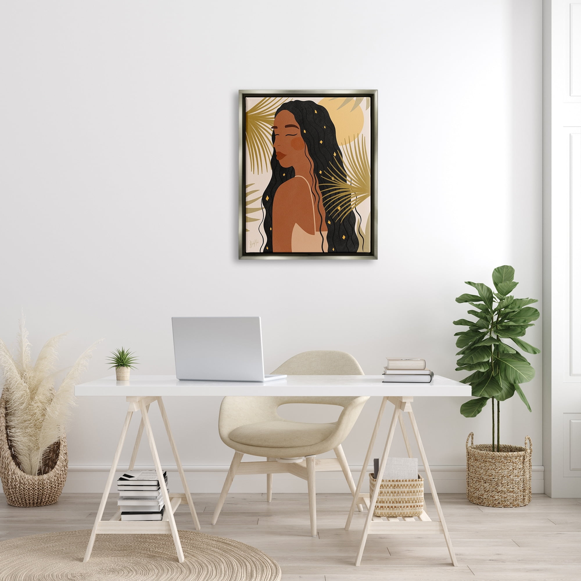 Stupell Industries Desert Plant Leaves Sunlit Starry Haired Woman Graphic Art Luster Gray Floating Framed Canvas Print Wall Art, Design by Birch&Ink