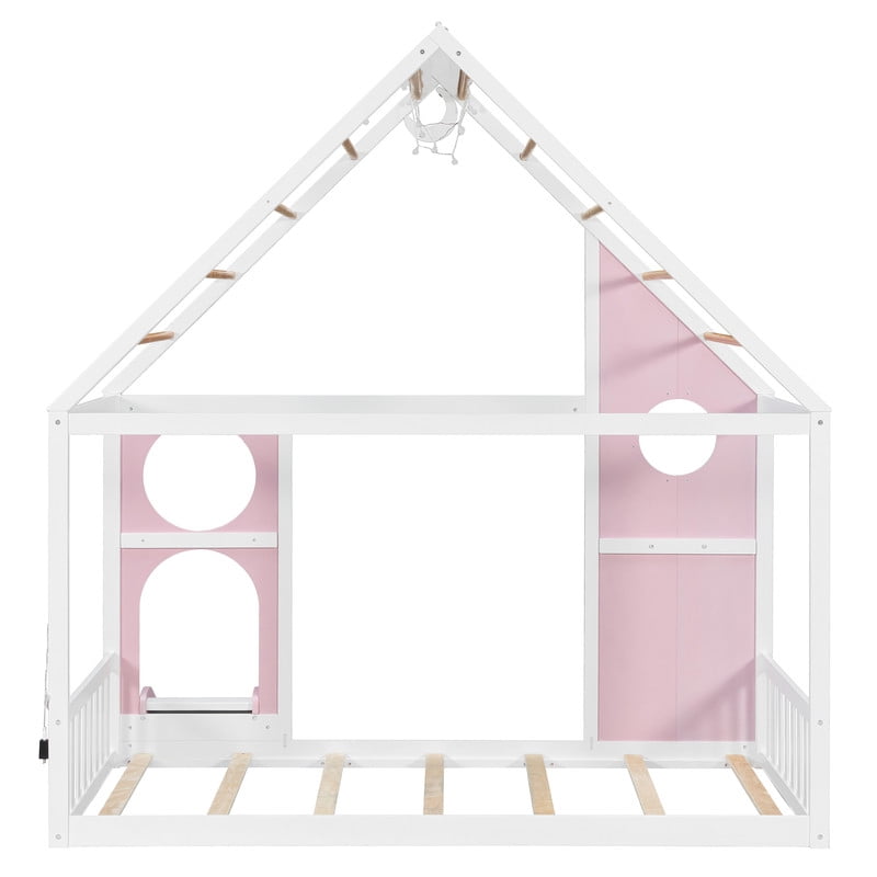 Twin Size Kids House Bed with Small Slide, Wooden Playhouse Floor Design Platform Bed Frame with Light Strip & Storage Shelf