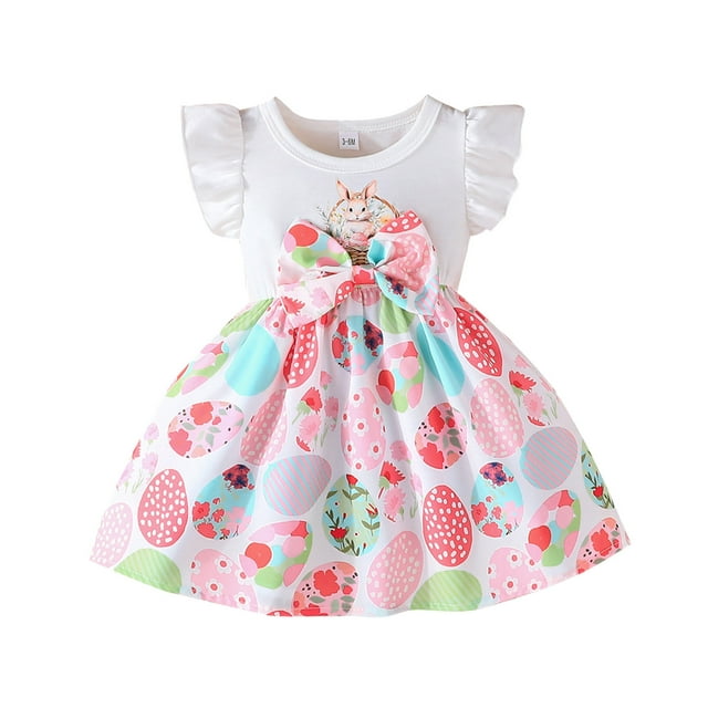 FYDUU Robe pour Bébé Fille Imprimé Lapin de Pâques Robes pour Filles Manches Volantées Robe Évasée Robe d'Été Fleurie pour Tout-Petit Robe Mode Robe d'Été Décontractée Robe de Plage pour Fête