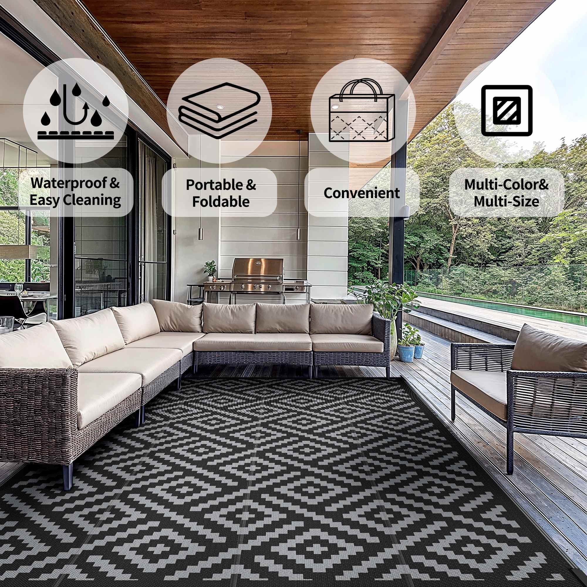 DEORAB Outdoor Rugs Waterproof Plastic Straw Mat 6'x9' Reversible for RV Patio Deck Beach Black & Gray