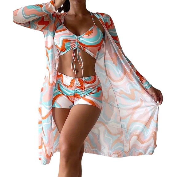 Womens 3 Pieces Bikini Set Swimsuit Tropical Beach Cover Up Swimwear Bathing Suit with Shorts Pattern 8 L