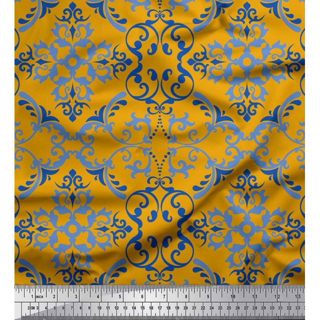 Soimoi Gold Japan Crepe Satin Fabric Vector Design Damask Print Fabric by the Yard 44 Inch Wide