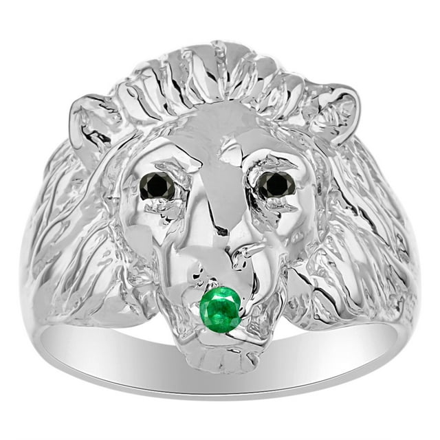RYLOS Rings Sterling Silver Lion Head Ring Black Diamonds Eyes & Gemstone Mouth Fun Designer Rings Emerald Jewelry Size 10
