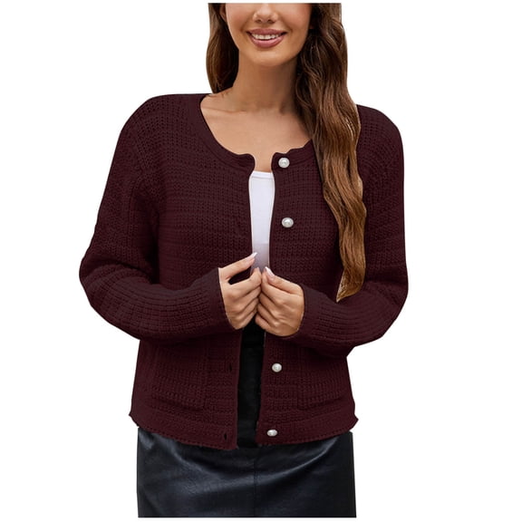 UAMVSH Womens Cardigan Sweaters Button Down Knit Casual Jacket Soft Slim Fit Long Sleeve Cropped Coat with Pockets Fall Clothes