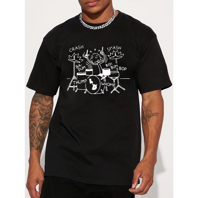 Men's Passion Drummer Graphic T-Shirt - Casual Streetwear Style with "CRASH" & Music-Themed Print, Soft Cotton Blend, Comfortable Summer Tee for Couples or Music Lovers, Summer Casual Wear