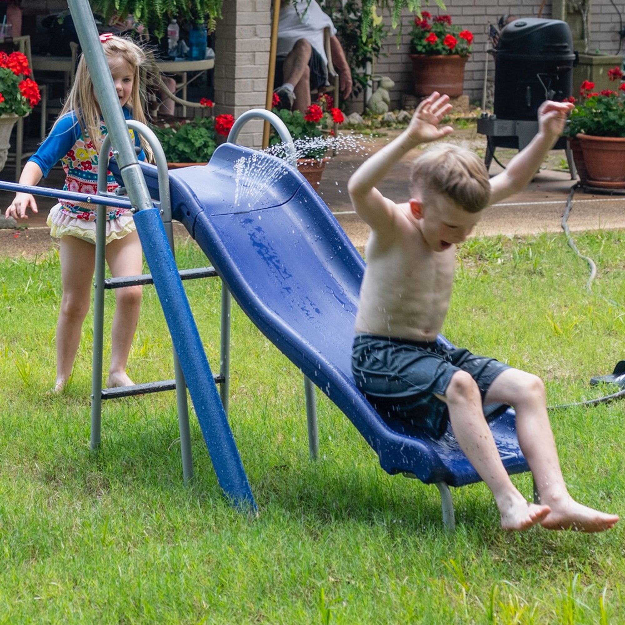XDP Recreation Aqua Play Park Swing Set and Water Slide with Tarp, 2 Swings, and a Disc Swing