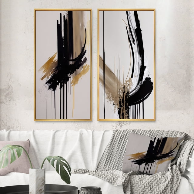 Designart "Minimalism in Gold III" Abstract Framed Wall Art Set Of 2 - Black Geometric Gallery Wall Frame Set For Home Decor