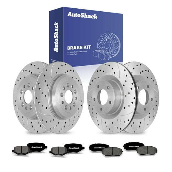 AutoShack Front Vented & Rear Solid Drilled & Slotted Coated Brake Rotors Silver Matte Finish   Premium Ceramic Pads 12-PC Brake Kit Replacement for 2011-2014 Ford Edge TurboGuard