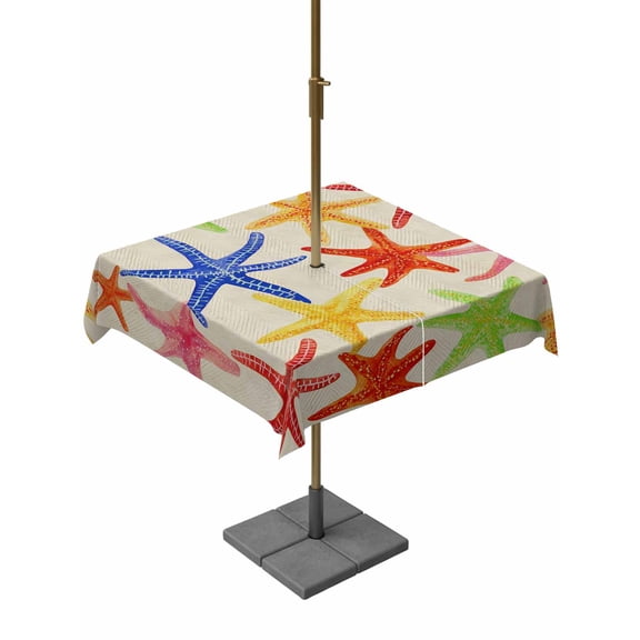 Outdoor Tablecloth with Umbrella Hole for Patio/Picnic/Party/Camping, Summer Colorful Starfish Waterproof Table Cloth Square Cover Washable, Vintage Tropical Ocean Marine Life (54"x 54")