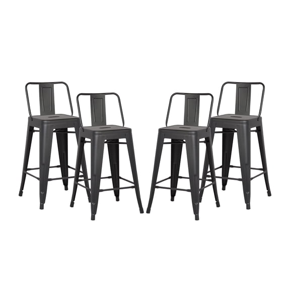 Set of 4 Matte Black 24 Inch Metal Bar Stools with Backrest, Country Rustic Industrial Counter Height Bar Chairs, Lightweight Sturdy Anti-Slip Kitchen Island Bar Stools Easy Assembly