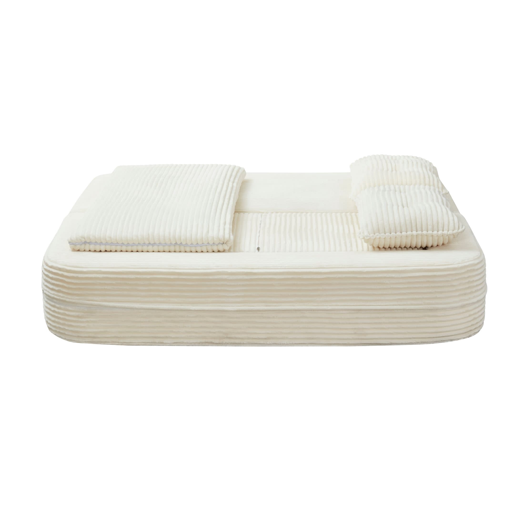 Noble House 80" Convertible Sectional Sofa Bed, Plush Corduroy King Size Sleeper with Chaise, Living Room, Beige