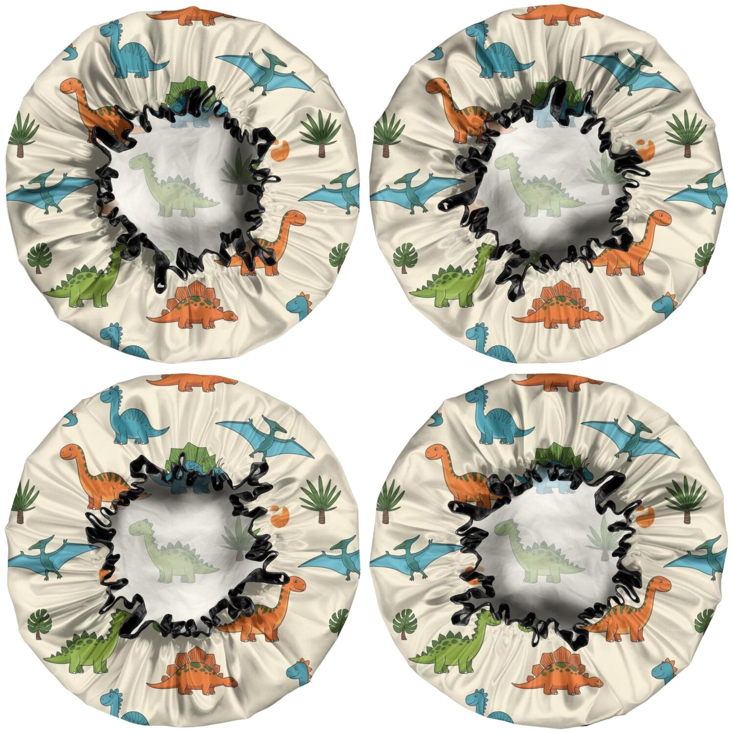 Shower Caps,Colorful Dinosaur and Leaf Pattern Waterproof Shower Cap for Women 4 Pieces,Double Reusable Hair Cover for Shower PEVA Elastic Stretch Hem