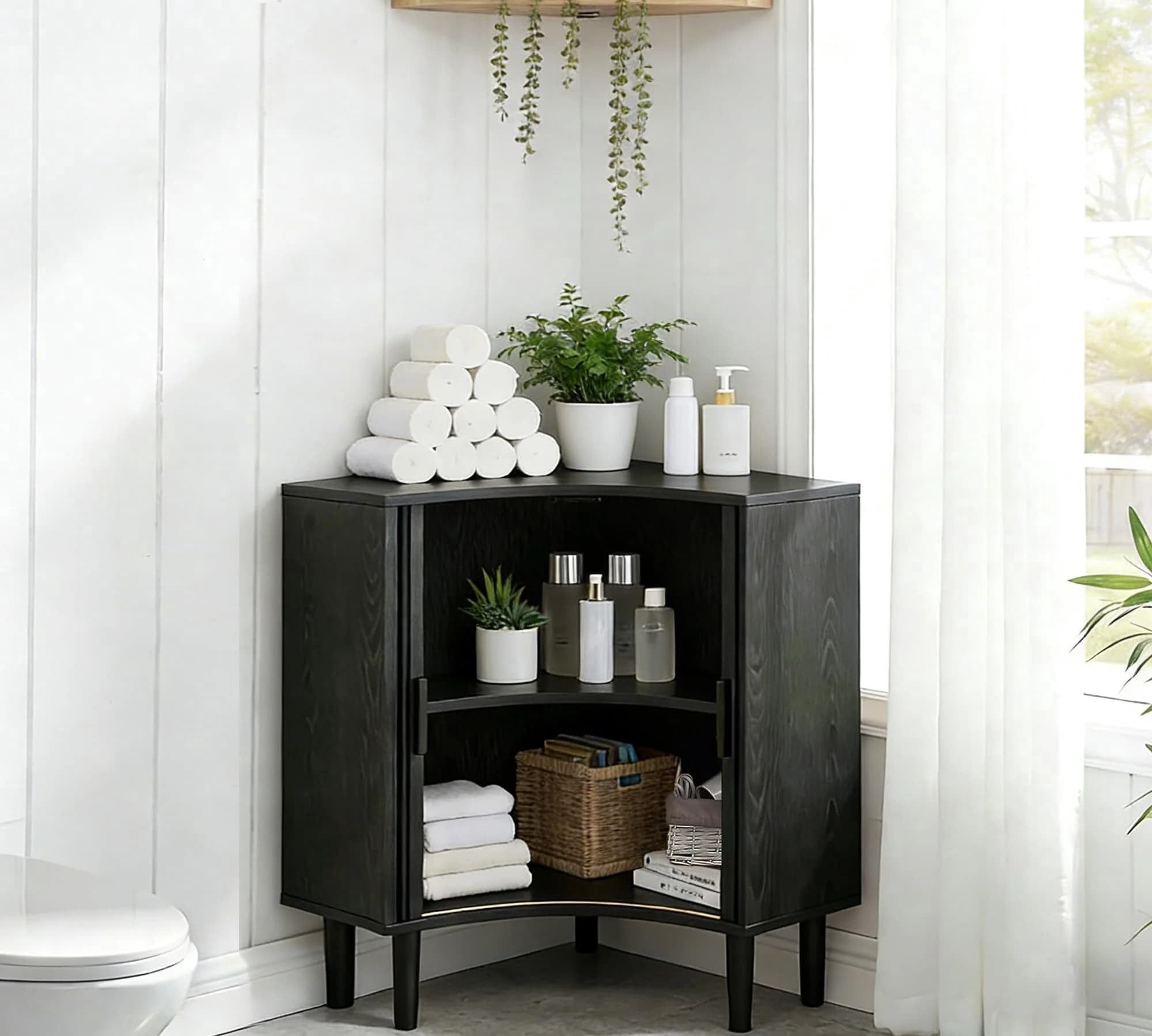Modern Fluted Corner Cabinet with Sliding Doors, Small Wood Corner Storage for Small Space, Black