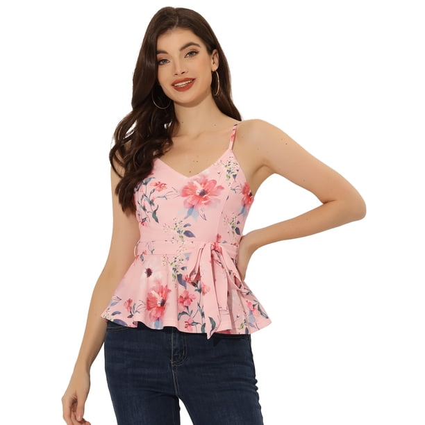 Cami floral sin mangas para mujer Tank Top con cuello en V y corbata en la cintura Peplum Blusa Rosa S
