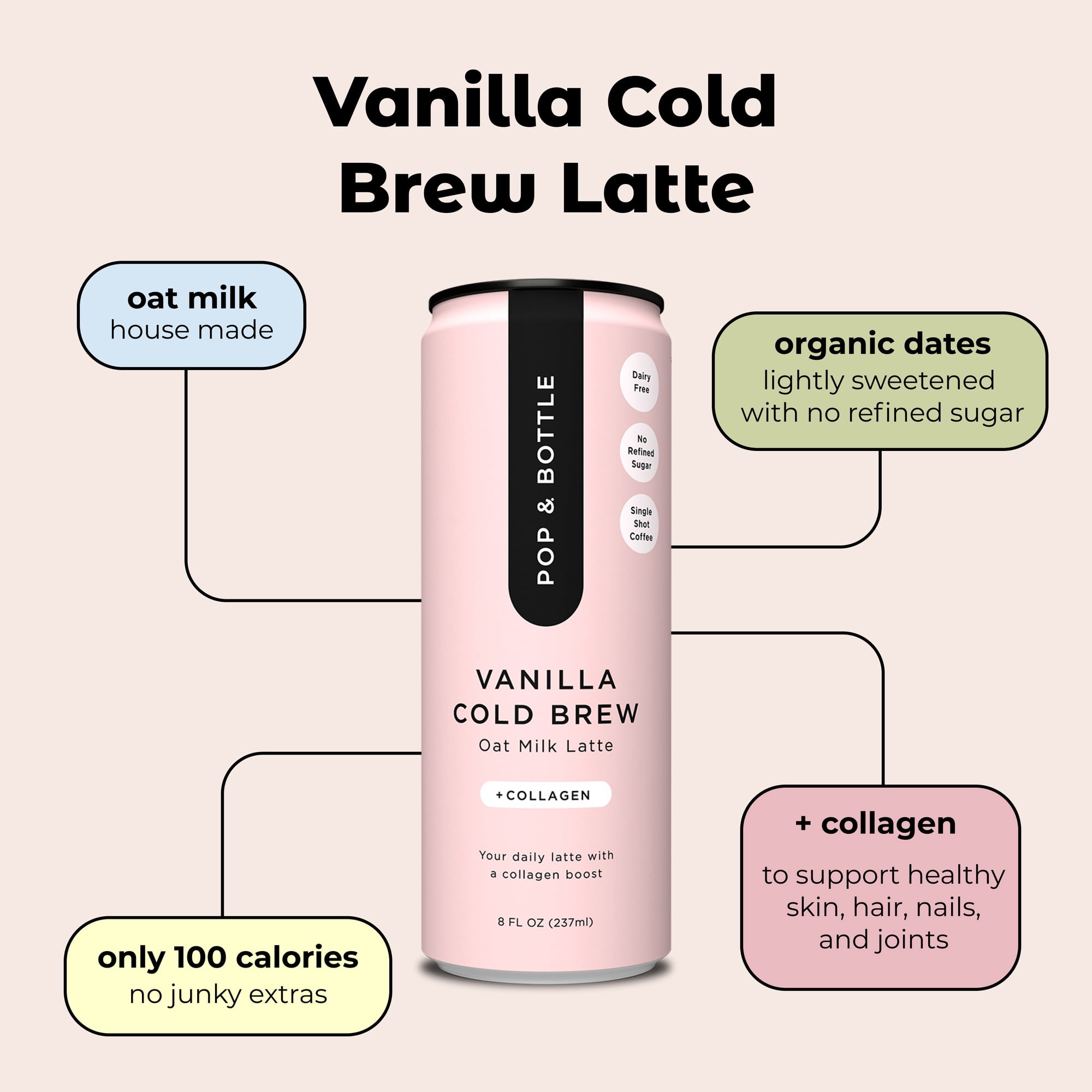 (2 pack) Pop & Bottle Vanilla Oat Milk Latte + Collagen, Organic, Shelf-Stable/ Ambient, 8 fl oz