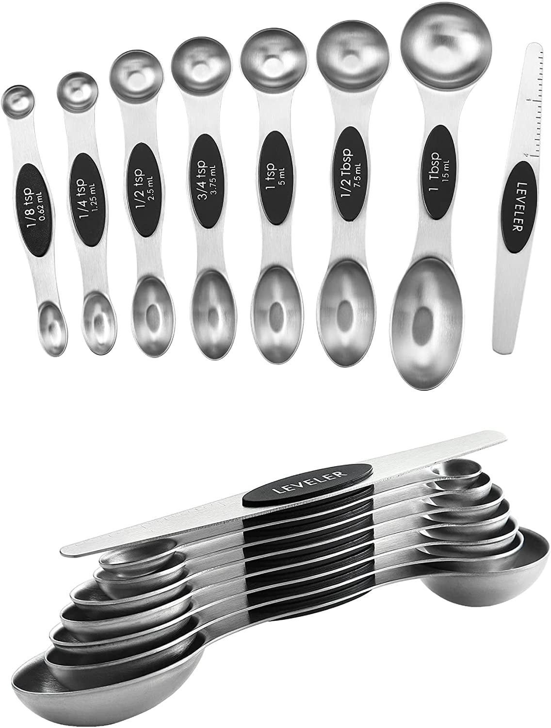 Magnetic Measuring Spoons Set, Dual Sided, Stainless Steel, Fits in Spice Jars (8 Pieces-Multicolor), YF02
