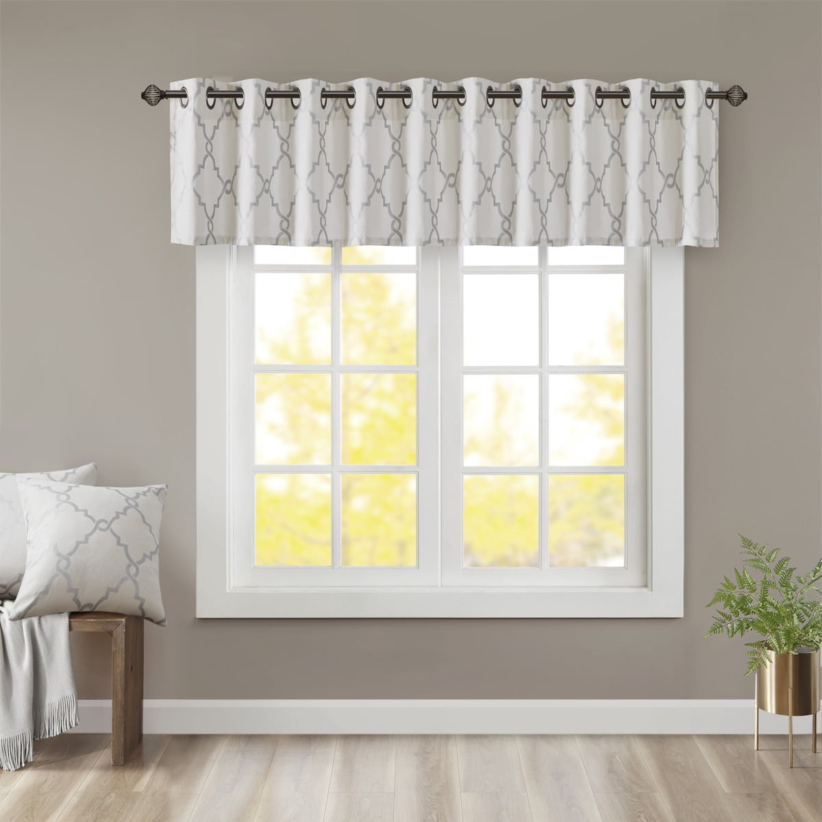 MAYEERTY 50x18" Fretwork Print Grommet Top Valance, Ivory/Grey