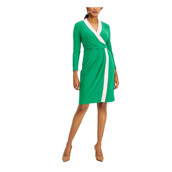 KASPER DRESS Womens Green Zippered Lined Color Block Long Sleeve Surplice Neckline Above The Knee Faux Wrap Dress M