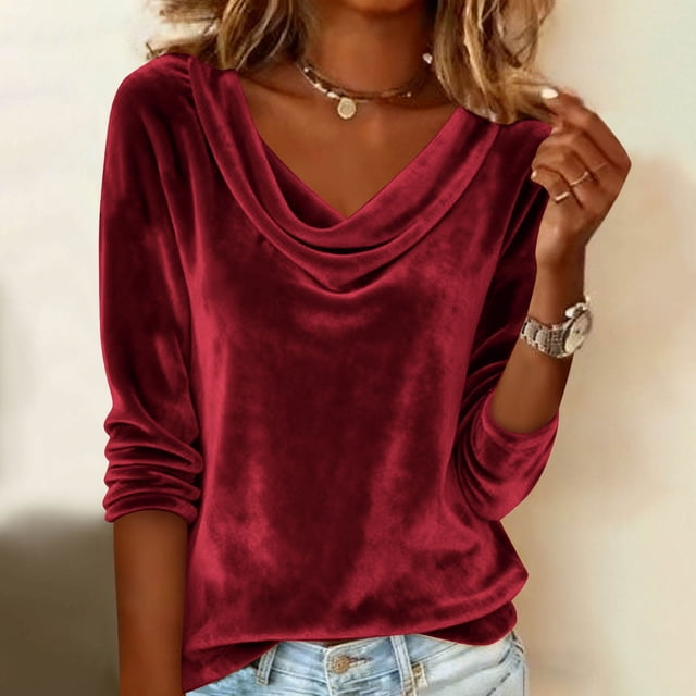 TaTaai Women's Solid Color Golden Velvet Drape Pleated Collar Three Quarter Sleeve Blouses, Elegant Temperament Commute All Match Slim Tops Gift