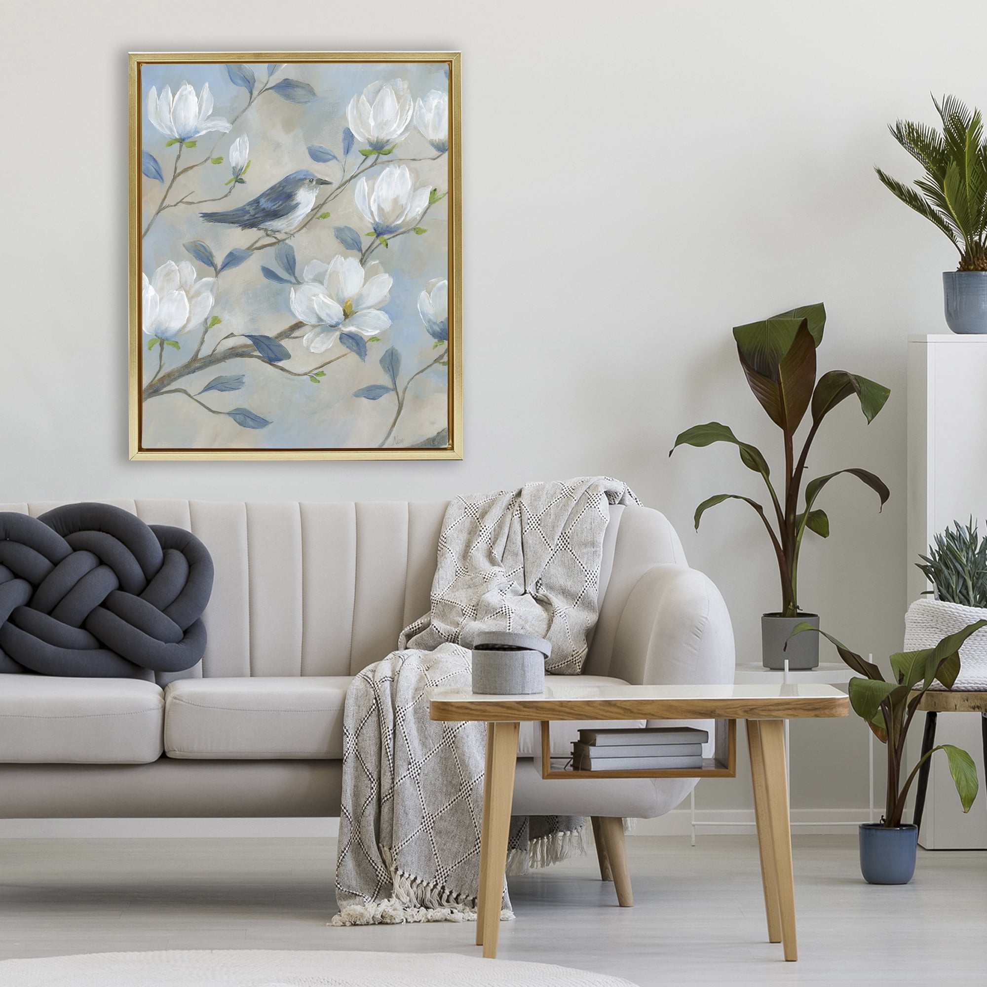 Stupell Industries Blue Bird & Magnolia Gold Framed Floater Canvas Wall Art, design by Nan