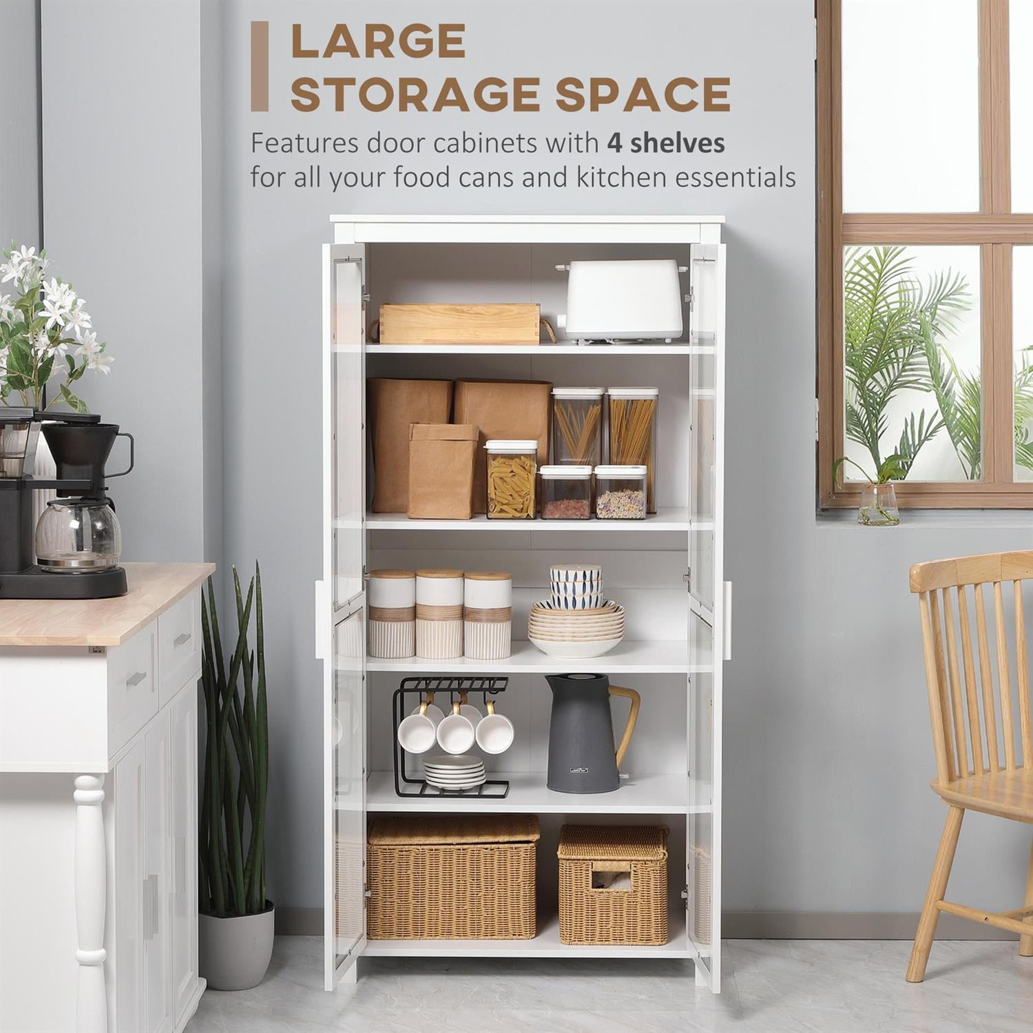 Demi Bonn 63" Freestanding Pantry Cabinet, 2 Glass Doors & Adjustable Shelves, Storage & Display for Dining Room, White