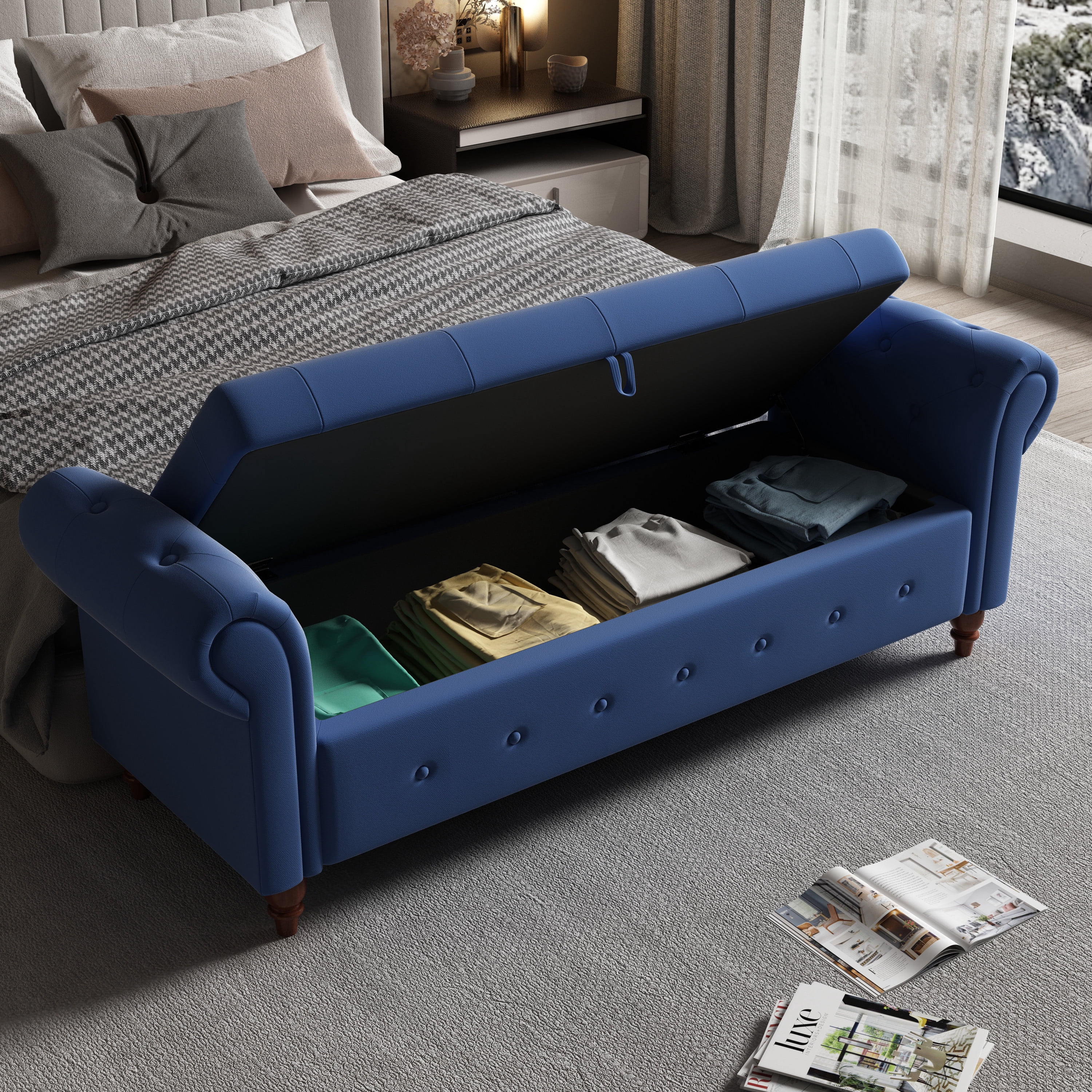 Miniyam 63" Storage Ottoman Bench with Rolled Arms, Button Tufted End of Bed Bench for Bedroom, Blue