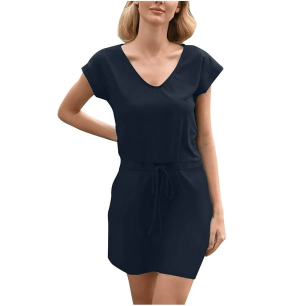 Vestido de Manga Corta para las Mujeres Cuello en V Dibujar Cuerda Elástica Cintura Bolsillo Suéter Poliéster, Vestido Casual de Color Sólido para Verano Primavera Diario