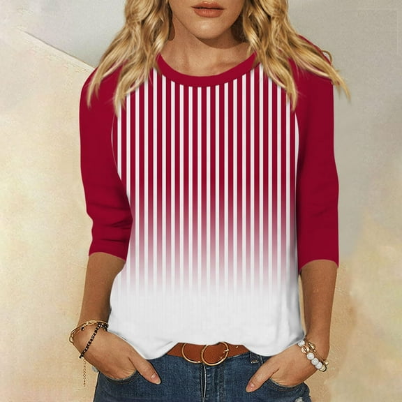CLOISE Blouses for Women Fall Trendy Striped Tops Scoop Neck 3/4 Sleeve Shirts Loose Colorblock Basic Blouses Y2k Outfits Red XL