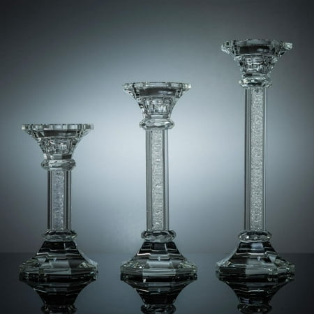 Premium 6 7 And 9 Crystal Candlestick (3-Piece Set) Radiant Gems Inside Stem | Contemporary Elegance And Style | Modern Kitchen, Dining, or Living Room Use