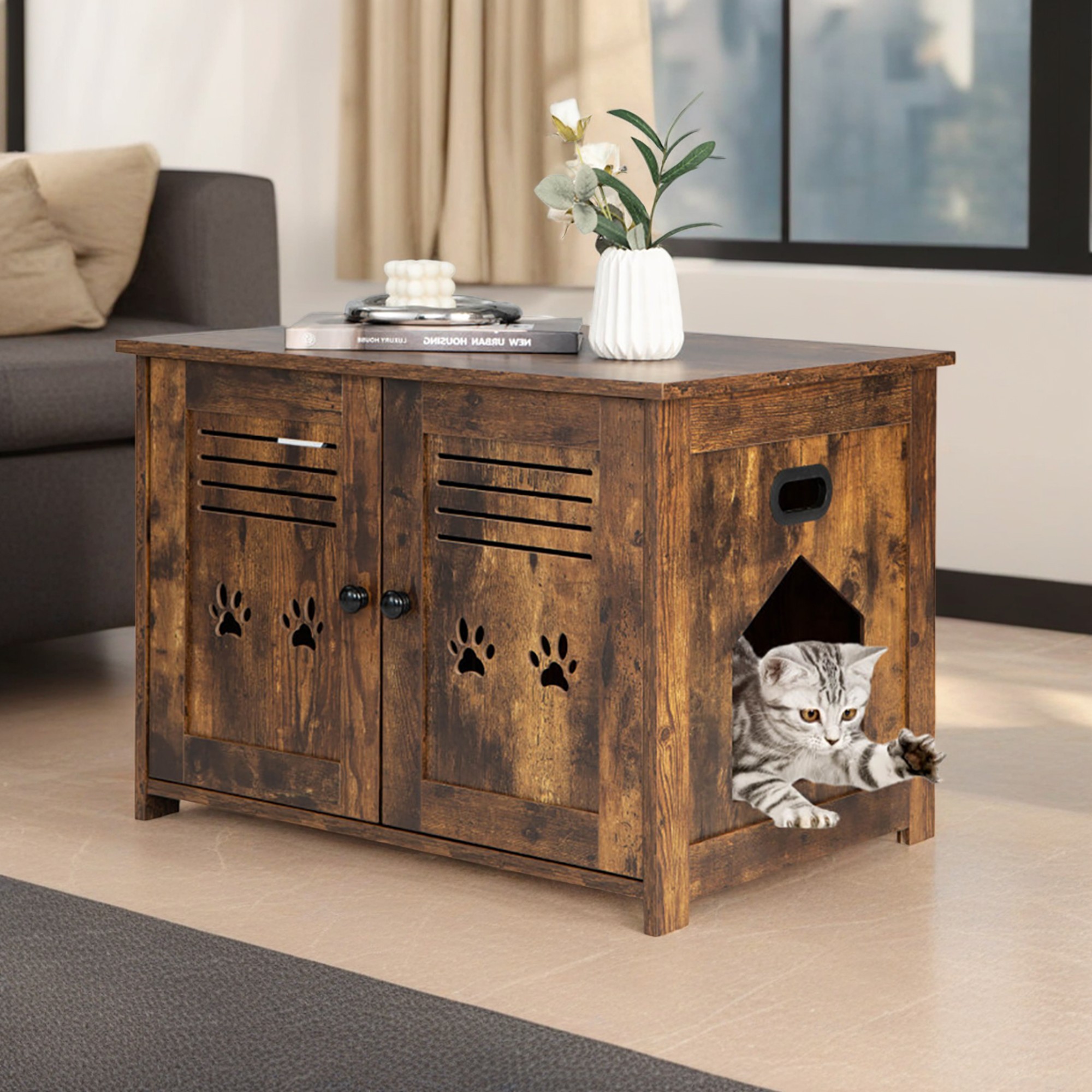 resenkos 27" Cat Litter Box Enclosure, Hidden Litter Box Furniture, Wood Cat House Washroom Cabinet Fit for Most of Cat and Litter Box, Brown