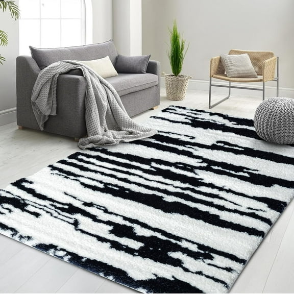 HR Luxurious Black and White Geometric Shag Rug - Soft High Pile, Non-Slip, Abstract Design, Modern Home Decor Carpet for Bedroom, Living Room