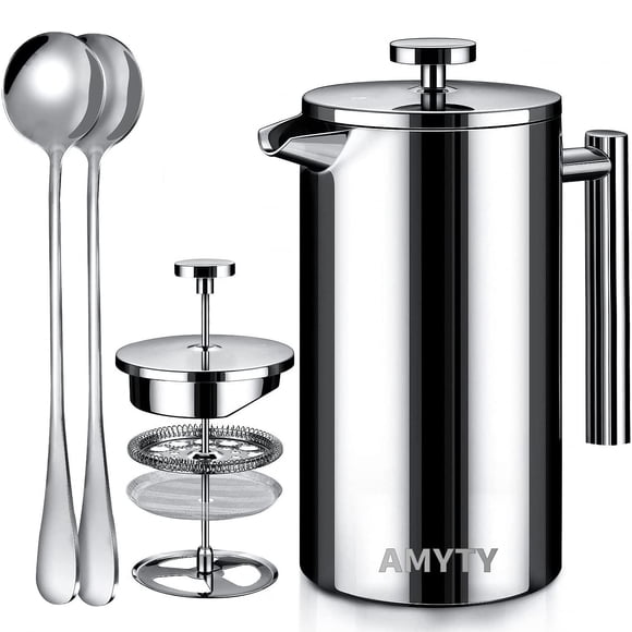 Cafetera Prensa Francesa de Acero Inoxidable de Doble Pared 1000ml cafetera y tetera Cafetera de Émbolo con 2 Cucharas para Hacer Café y Té Mejor