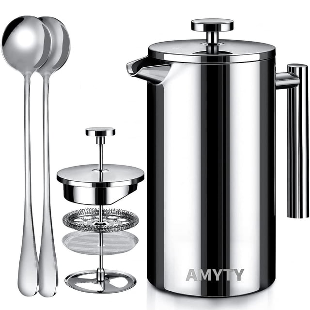 Cafetera Prensa Francesa de Acero Inoxidable de Doble Pared 1000ml cafetera y tetera Cafetera de Émbolo con 2 Cucharas para Hacer Café y Té Mejor
