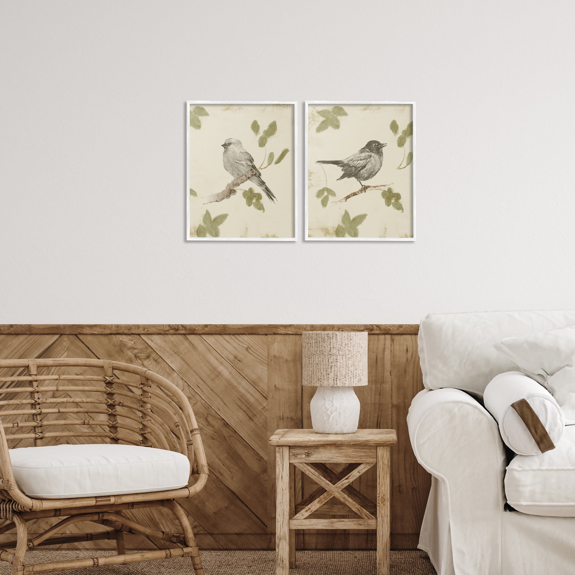 Stupell Industries Neutral Bird Scene 2 Piece White Framed Giclee Art Set, design by Lanie Loreth