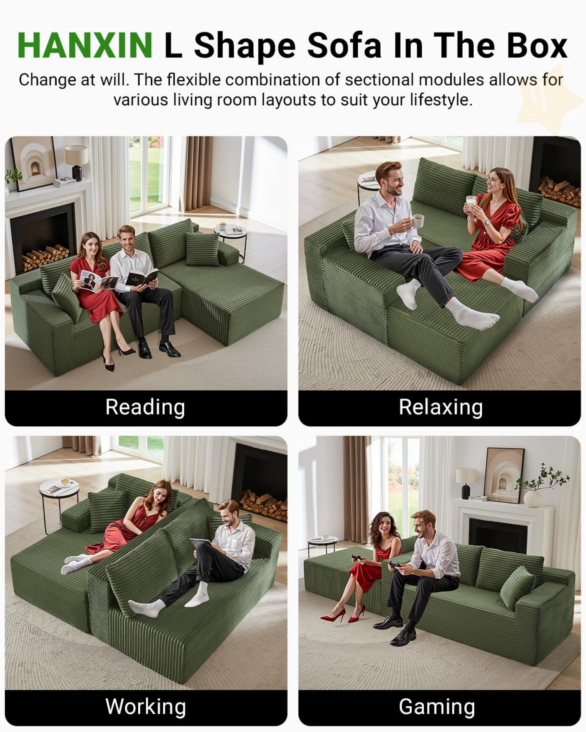 Aukfa 107" Cloud Modular Sectional Couch with Right-Facing Chaise, Corduroy Deep Seat Boneless Sofa for Living Room, Apartment, Green