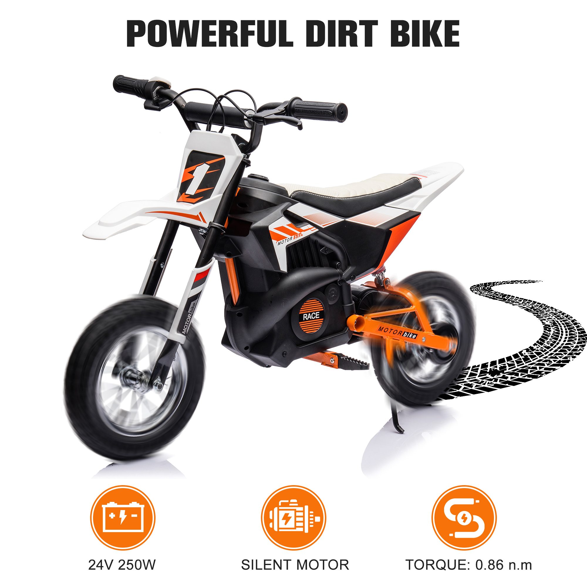 COCLUB 24V Electric Dirt Bike for Kids 13+, Kids Electric Motorcycle & Ride on Bike, CPC Certified, 250W Motor, 30-Min Ride Time, Hydraulic Suspension - White