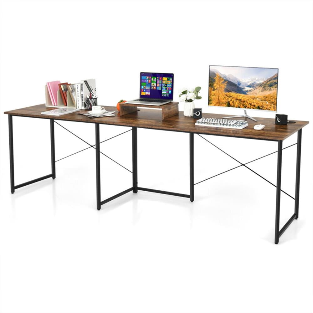 Demi Bonn 95" 2-Person L-Shaped Long Reversible Computer Desk with Monitor Stand, Small Home Office Desk Study Writing Table, Rustic Brown