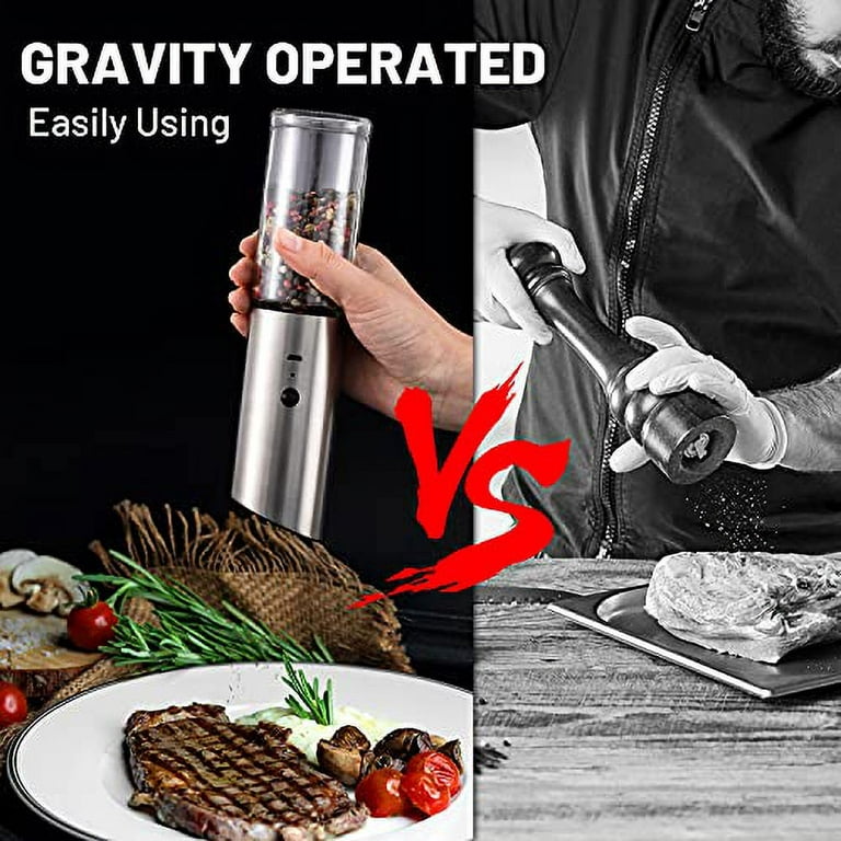 Valieno 2 PACK Electric Salt and Pepper Grinder Set, USB Rechargeable  One-handed Operation with Adjustable Coarseness, Stainless Steel,  Refillable Gravity Electric Mill with LED Light newly upgrated 