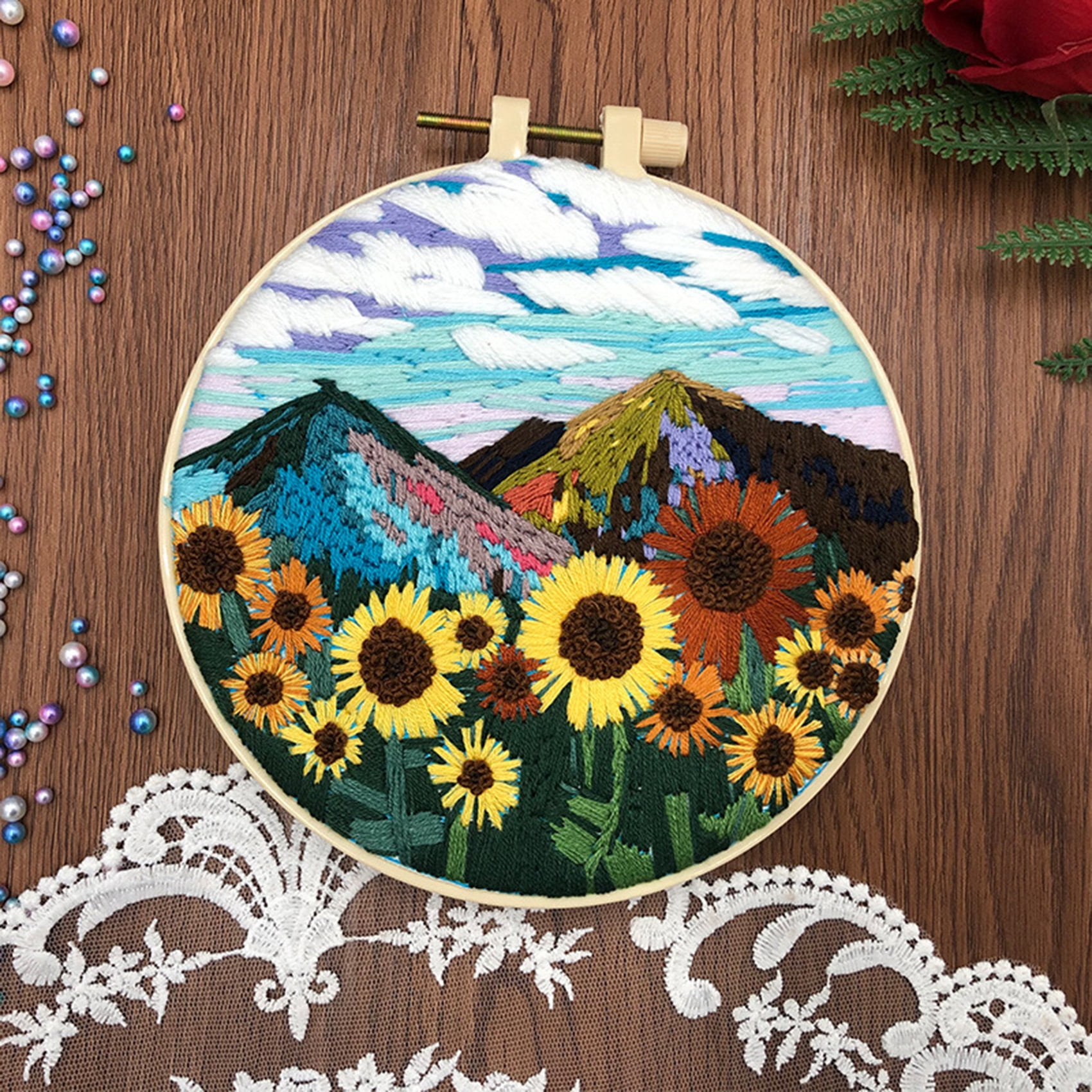 HVEST 3 Pack Embroidery Kit for Beginners - Sunflower Floral & Nature Scene with Embroidery Pattern, Hoop, Complete Cross Stitch Supplies (Needle/Threads/Scissors) DIY Craft for Adults Sewing Hobby